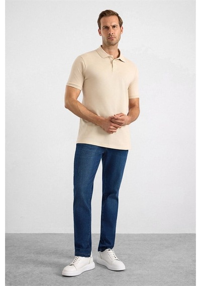 Süvari Bej Slim Düz Nakışlı Pike Düğmeli Polo Yaka Tişört Ts1014000474-bj3