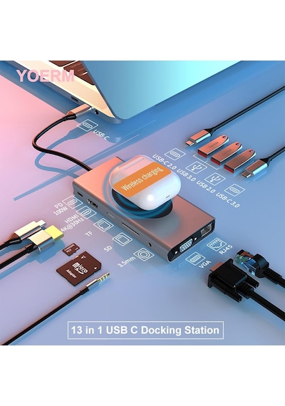 Yerleştirme İstasyonu Usb C Hub 13'ü 1 Arada Kablosuz Şarj İstasyonu, Usb C - Hdmı, Ethernet, Vga, 5 Usb Ve Sd/tf,