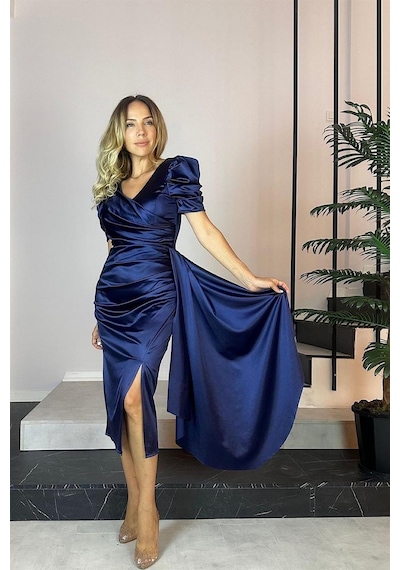 Ges Moda G0677 Balon Kol Drapeli Saten Elbise Lacivert-lacivert Lacivert