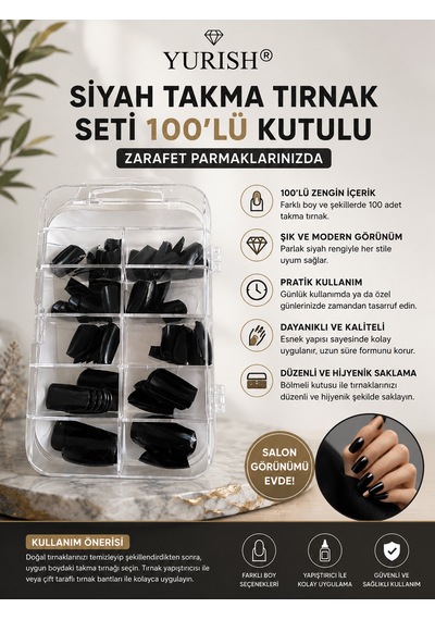 Siyah Takma Tırnak Seti 100'lü Kutulu