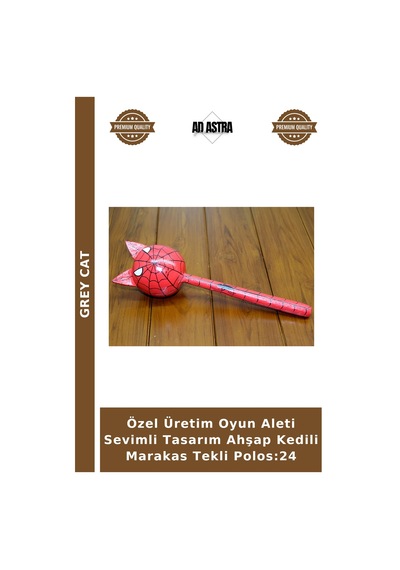 Özel Üretim Oyun Aleti Sevimli Tasarım Ahşap Kedili Marakas Tekli Polos:24