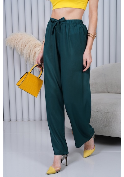 Polologin Butik Beli Bağcıklı Yüksek Bel Bol Paça Siyah Pantolon Siyah