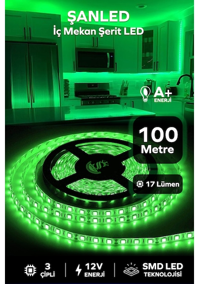 3 Çipli Şerit Led Yeşil Renk 12v 100 Metre