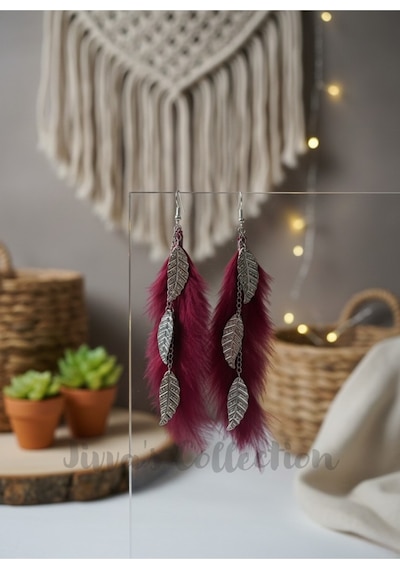 Bohem Bordo Tüy & Yaprak Figürlü Uzun Sallantılı Küpe. Modern Boho Vintage Stil