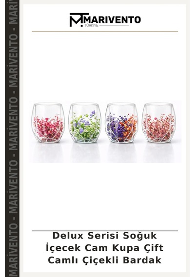 Delux Serisi Soğuk İçecek Cam Kupa Çift Camlı Çiçekli Bardak Şeffaf