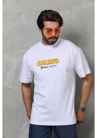 Erkek Kısa Kol Yazlık Tişört Bisiklet Yaka Baskılı Oversize T-shirt - Beyaz Siyah
