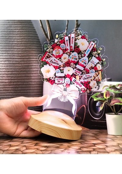 Kinder Çikolata Görselli Şık Işıklı Çiçek Buketi Led Lamba, Sevgiliye, Eşe Doğum Günü Hediyesi Işıklı Kinder Buketi