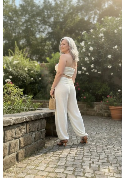 Byemelika %100 Pamuk, Bürümcük, Paça Lastik Detay Bohem Büstiyer & Pantolon Takım Bej