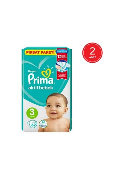 Prima Pampers Aktif Bebek Fırsat Paketi Midi Bebek Bezi 6-10 KG 3 Beden 2 x 62 Adet 2'li