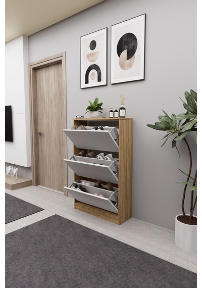 Mirobi Kembe 3 Bölmeli Açılır Modern Dekoratif Ayakkabılık Çam - Beyaz