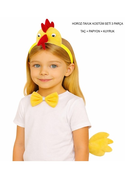 Horoz - 657 - Tavuk Kostüm Aksesuar Seti - Taç - Csmo-tex - Papyon Kuyruk