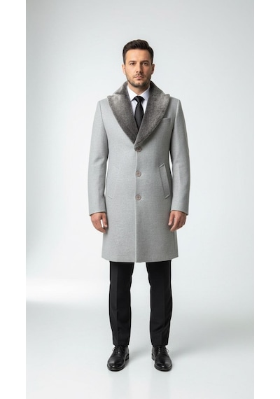 Plus Scorpion Erkek Uzun Kaşe Kaban Çıkartılabilir Kürk Yaka, Astarlı Ve Cepli Slim Fit Mont Bej, Gri, Siyah, Taba Gri