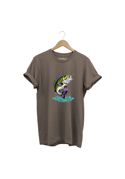 Fishing Balıkçılık Levrek Balığı Baskılı Avcı %100 Pamuk Regular Fit Unisex T-shirt Kahverengi