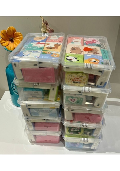 Pratik Hijyen Seti-9 Paket Kağıt Mendil - 8 Paket Mini Islak Mendil - Sihirli Sabun + Saklama Kabı