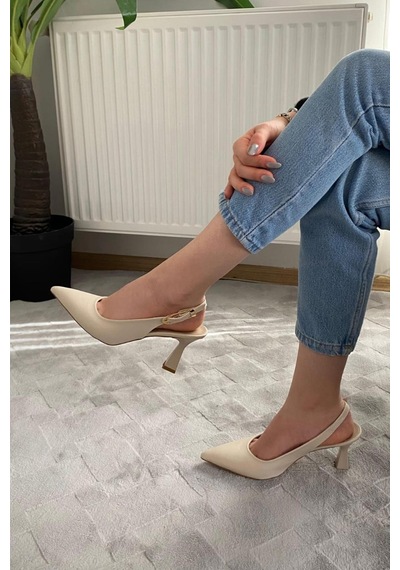 Preshley Kadın Motto Kıren Cilt Sivri Burun Arkası Acık 8 Cm Topuklu Ayakkabı Krem