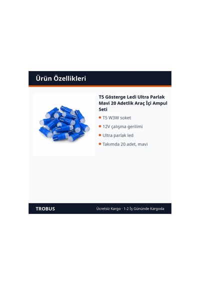 Trobus T5 Gösterge Ledi Ultra Parlak Mavi 20 Adetlik Araç İçi Ampul Seti