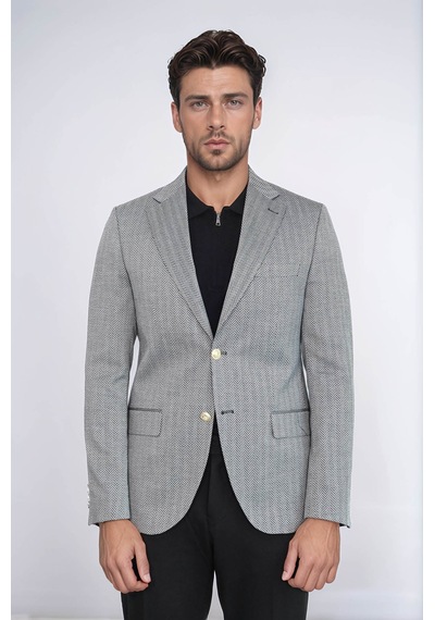 Siyah Balıksırtı Desenli Gold Renk Metal Düğmeli Slim Fit Erkek Blazer Ceket - Wessi Black Siyah Balıksırtı Desenli Gold Renk Metal Düğmeli Slim Fit Erkek Blazer Ceket - Wessi Black