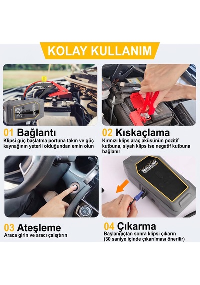 10.000 Mah Taşınabilir Akü Takviye Jump Starter Ve Lastik Şişirme Pompası Kompresör - 12v 7.0l Benzin / 5.5l Dizel Uyumlu