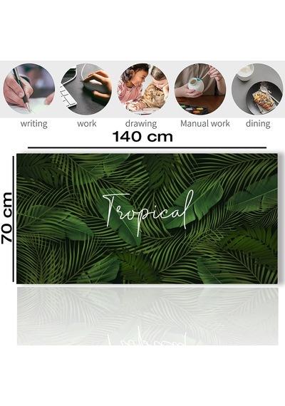 Sonictouch Tropikal Palmiye Yaprağı Kaymaz Deri Dikişsiz Silinebilir Yıkanabilir Yeşil Masa Matı Pad 70x140cm