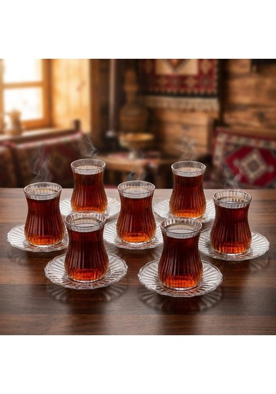 12 Parça Çay Seti - 6 Adet Fitil Desenli Cam Çay Bardağı Ve 6 Adet Cam Çay Tabağı - Isıya Dayanıklı Çay Takımı çok renkli