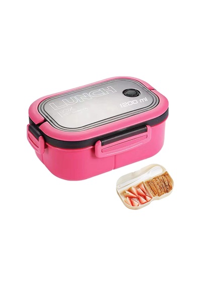 1200 Ml 2 Katlı 6 Bölmeli Bpa'sız Pp Plastik Sefer Tası Ve Beslenme Çantası - Hava Kilitli Bento Lunch Box, Çatal Ve Kaşık Dahil Pembe Çok Renkli