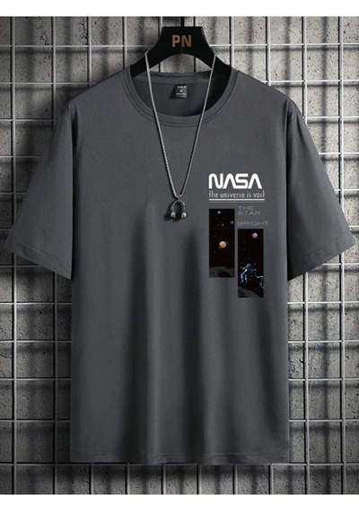 Füme Oversize Nasa Baskılı T-shirt - Oversize Baskılı Füme