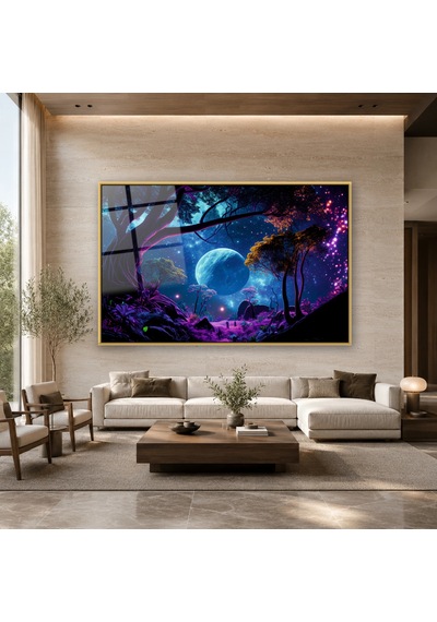Neon Işıklı Fantastik Orman Gold Çerçeveli Cam Tablo