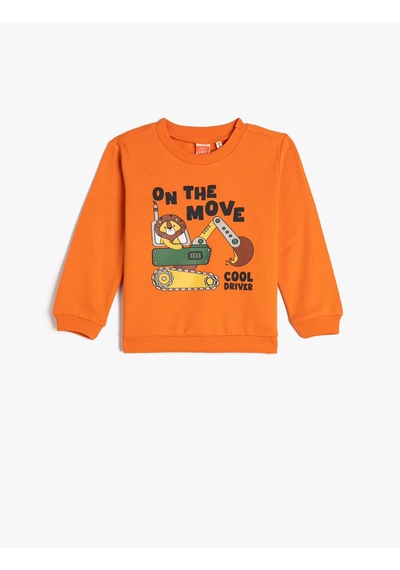 Koton Sweatshirt Bisiklet Yaka Pamuklu Dozer Baskılı Şardonlu Turuncu 4wmb10097tk Turuncu