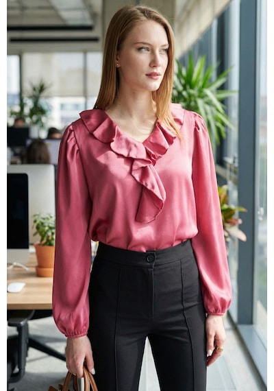 Armonika Kadın Koyu Pembe Yakası Fırfırlı Omuzu Büzgülü Kolu Lastikli Pamuk Saten Bluz Arm-22k001059 Armonika Kadın Koyu Pembe Yakası Fırfırlı Omuzu Büzgülü Kolu Lastikli Pamuk Saten Bluz Arm-22k001059