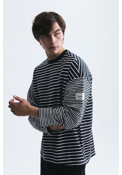 Vamos Kontrast Yaka Çizgili Sweatshirt Ekru-füme