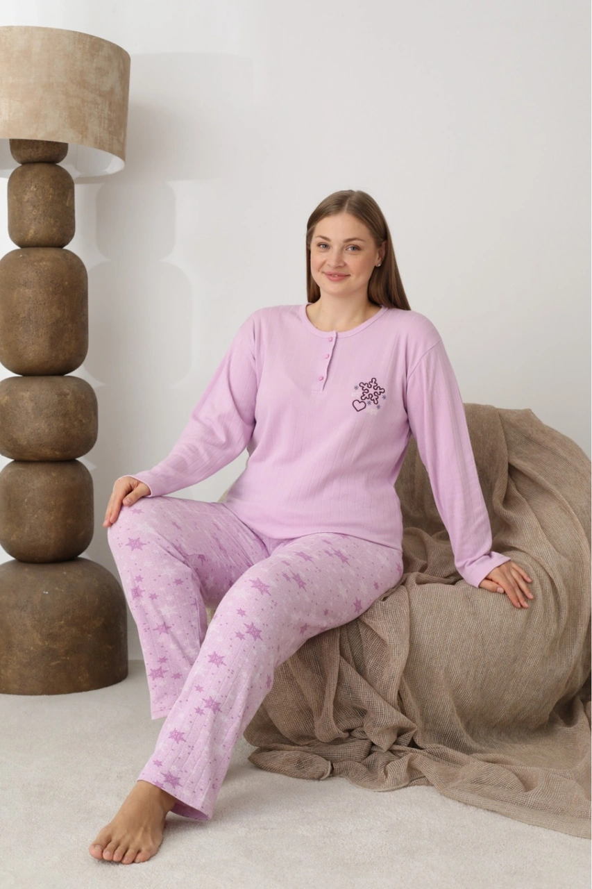 Lukitus İnterlok Pamuk Battal Büyük Beden Kadın Pijama Takımı Lila