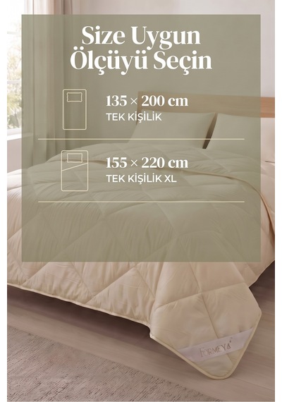 Tek Kişilik %100 Doğal Kuzu Yünü Yorgan Pamuk Kılıflı Kokusuz Terletmez Yıkanabilir 135x200 Cm Krem
