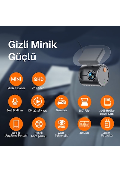 Kawa Mini 3 Gen2 2k 1296p Wifi 145 Geniş Açı Gece Görüşlü 32gb Hafıza Kartlı Akıllı Araç Kamerası