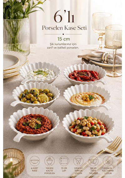Porsima 6'lı Beyaz Porselen Kulplu Kase Seti Çerez, Meze, Salata Ve Kahvaltılık Servis Kasesi 15cm