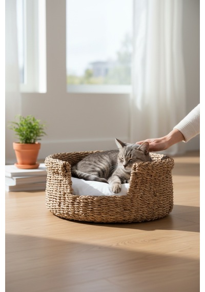 Akayev Nature Hasır Yuvarlak Kedi Ve Köpek Yatağı Minderli 45 Cm