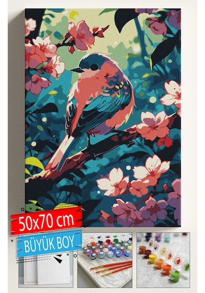 Sayılarla Boyama Seti Numaralı Tuval Fırça Boya Dahil Kasnaklı Set 50x70 Cm - Pembe Kuş