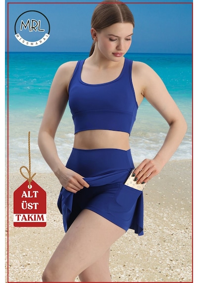 Missmaral Kadın Alt-üst Takım Şort & Sabit Pedli Üst Crop Denizde Havuzda Sporda Swimsuit Mavi Takım3107 Mavi