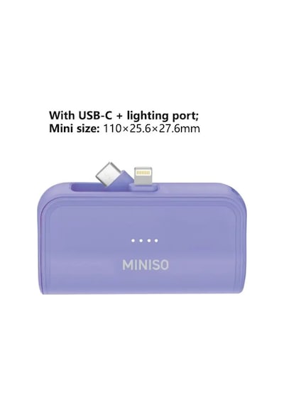 Miniso Lisanslı Çift Kablolu 4500mah Powerbank X-45dx Mor Kompakt Şarj Desteği Lila