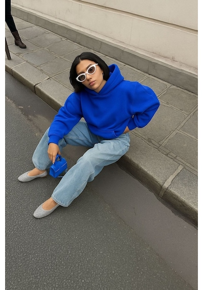 Benroma Baskısız Düz Ünisex Kapüşonlu Sweatshırt Saks Mavisi