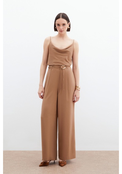 Sateen Kemerli Salaş Pantolon - Vizon-136065 Vizon