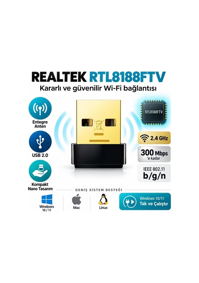 Trıo W102 300 Mbps Usb Wifi Adaptör, Realtek Rtl8188ftv 2.4 Ghz Kablosuz Ağ Adaptörü, 802.11 B/g/n Wifi Dongle, Windows 10/11 Tak Çalıştır