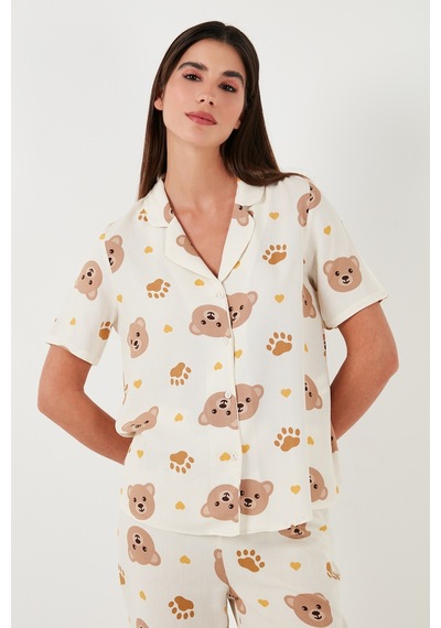 Lela Rahat Kesim Bol Paça Mono Yaka Kısa Kollu Bayan Pijama Takımı 6110290 Bej