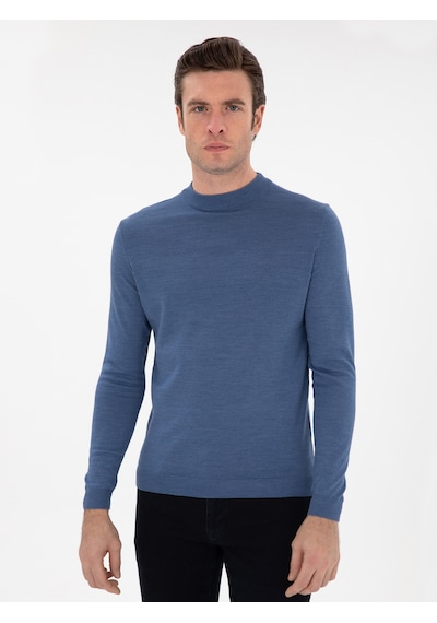 Cacharel Koyu Mavi Slim Fit Yün Karışımlı Çeyrek Balıkçı Yaka Basic Triko Kazak