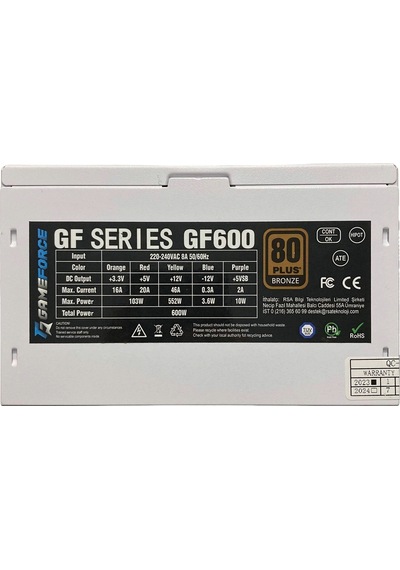 Gameforce GF600 600W 80+ Bronze Güç Kaynağı Beyaz