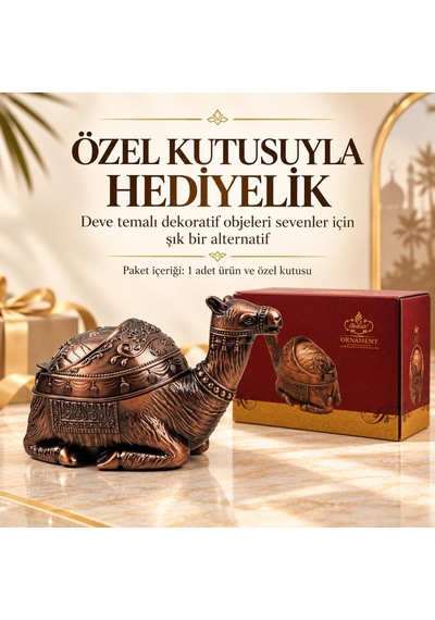 Lüks Alaşım Metal Deve Figürlü Kapaklı Dekoratif Küllük Takı Saklama Kutusu Metal Biblo 16 X10 Cm.