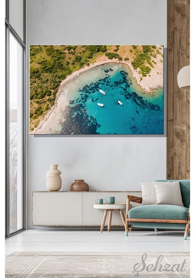 Kanvas Duvar Tablosu Yatay Turizm Acenta Otel Ofis Ege Bodrum Akvaryum Koyu Doğa Manzara Tekne Turu Çok Renkli