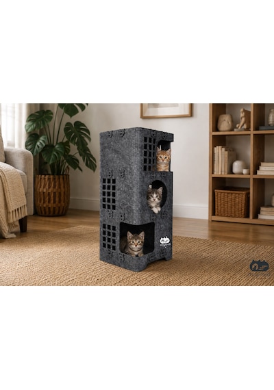 Keçe Kedi Evi Demonte, Yıkanabilir, Taşınabilir Kedi Kulübesi Ketoki 3katlı Gri