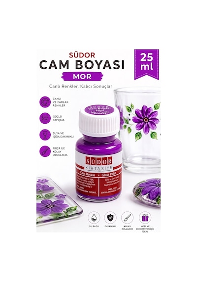 Cam Boyası Vitray Boyası 25 Ml 1 Adet Südor Su Bazlı Renkli Cam Vitray Boyası Sanat Hobi Mor