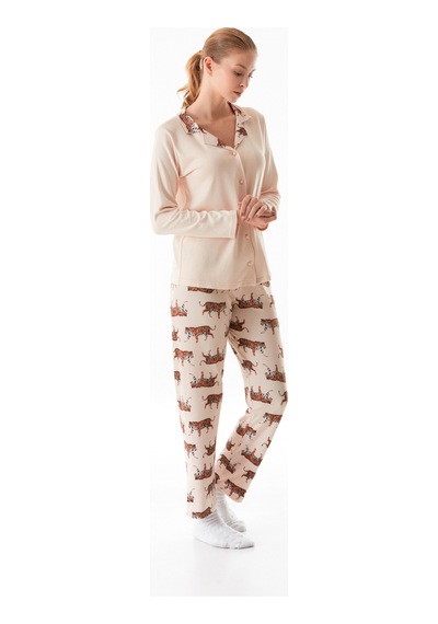 Fullamoda Kaplan Desenli Gömlek Yaka 2 Li Pijama Takımı 24mıcg631216521-bej Bej Fullamoda Kaplan Desenli Gömlek Yaka 2 Li Pijama Takımı 24mıcg631216521-bej Bej