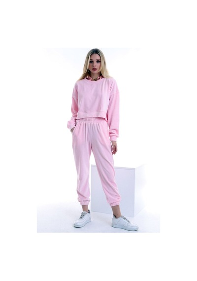 Dreamlike Kadife Yuvarlak Yaka Uzun Kollu Sweatshirt Cepli Bel Lastikli Pantolon Takım Pembe